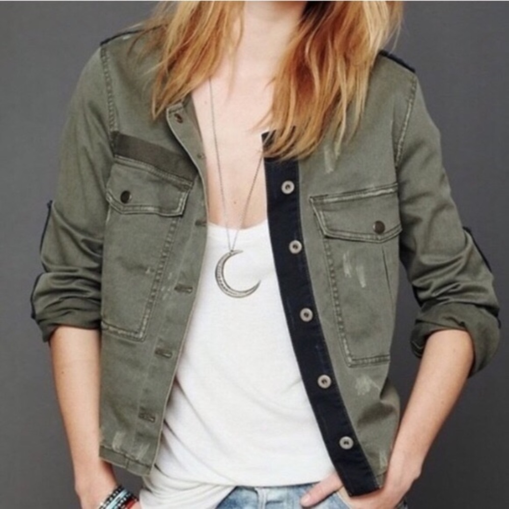 Free People Cropped Lou Denim Military Jacket